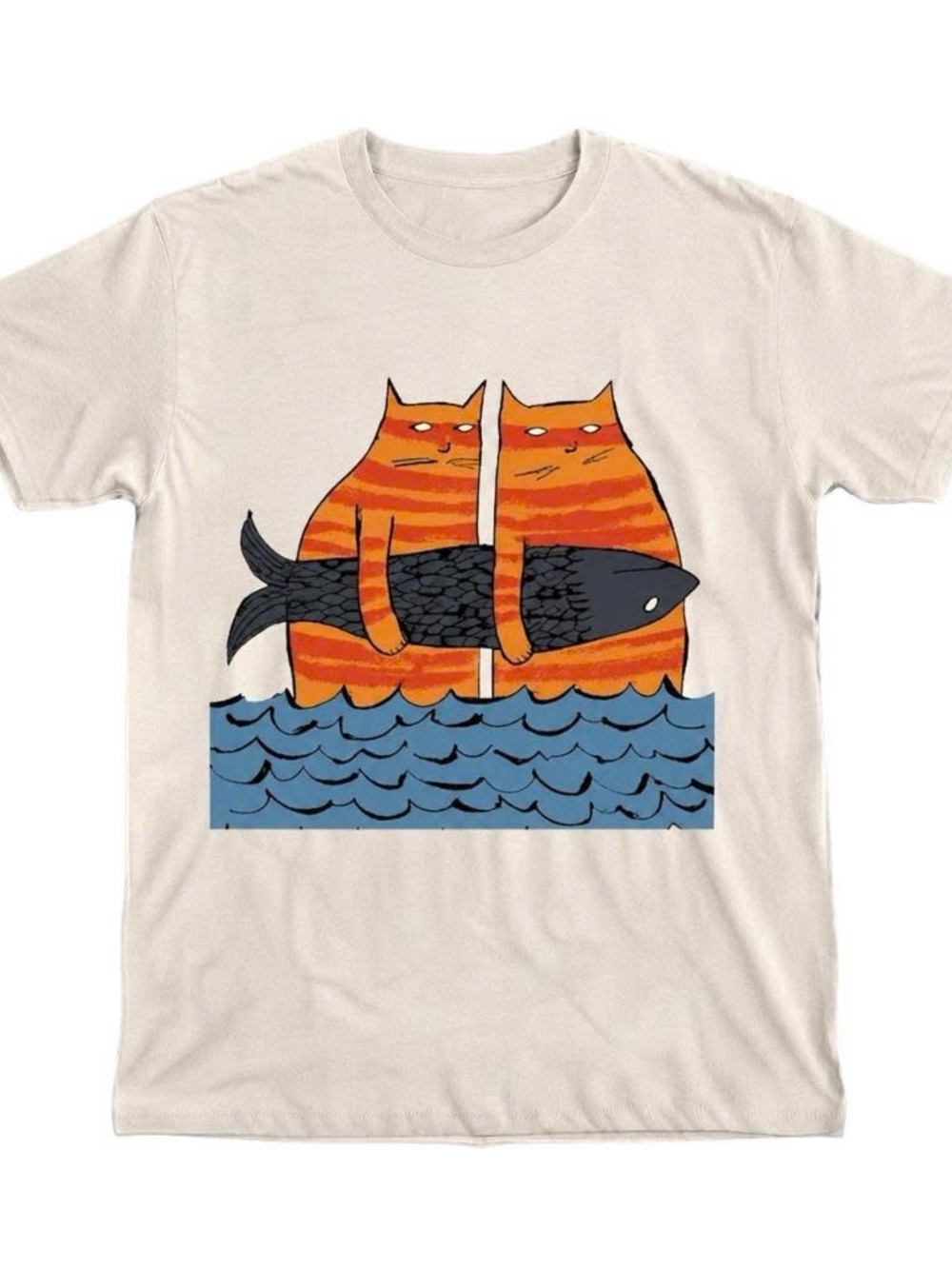 Funny Cat Holding Fish Graphic Print Beige Casual Gildan Shirt